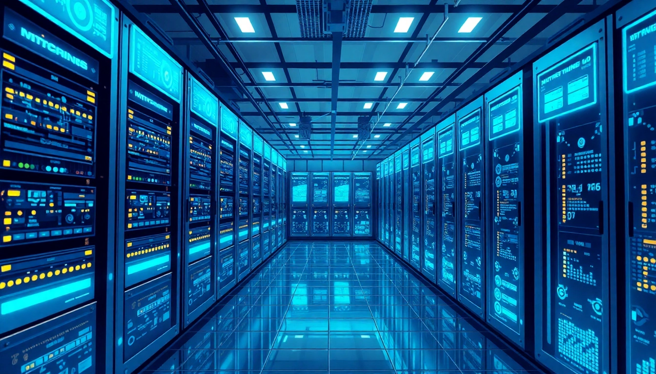Visualize Bitcoin mining in a high-tech server farm, showcasing advanced mining rigs and digital interfaces.