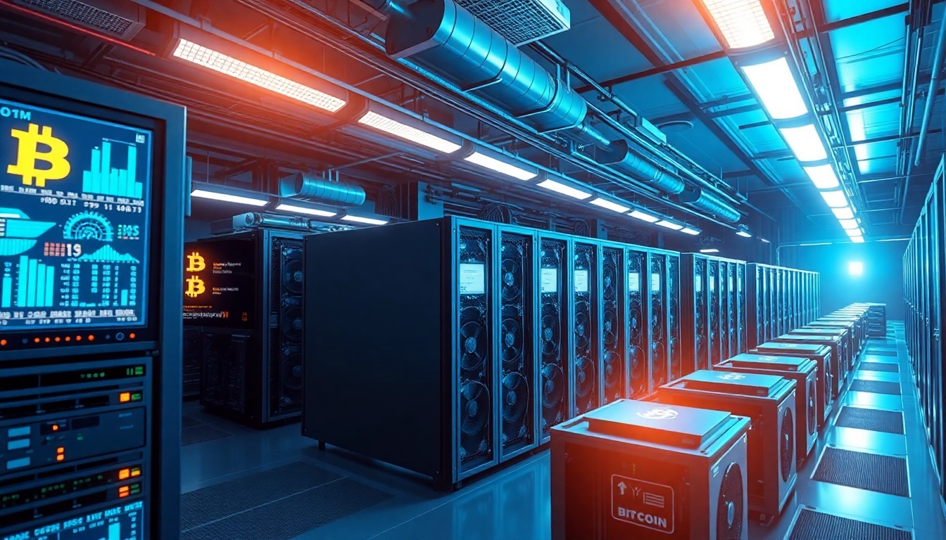 Illustrate Bitcoin mining machinery actively processing data in a modern facility.