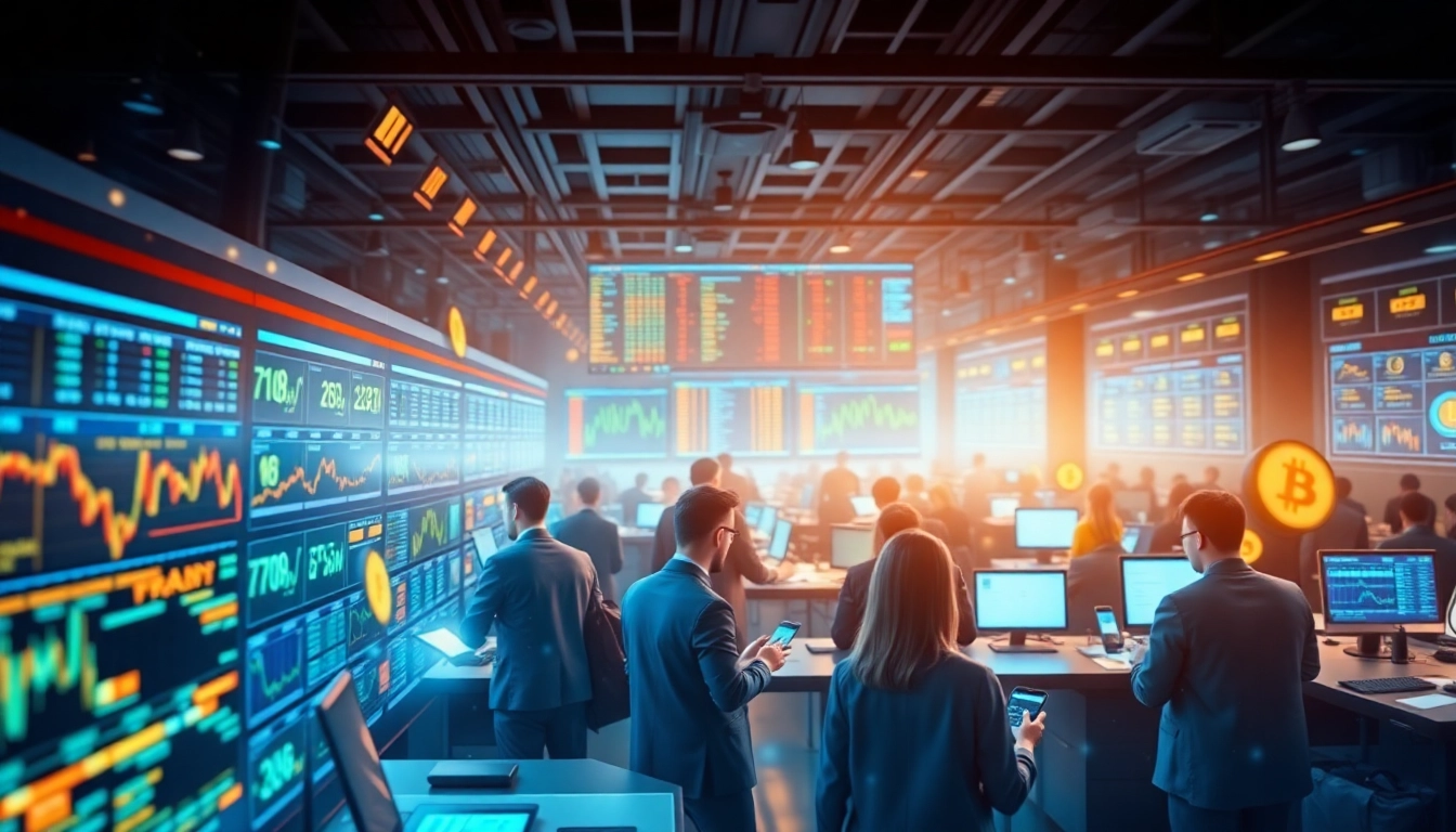 Experience the excitement of Tradings with vibrant traders analyzing data in a futuristic environment.